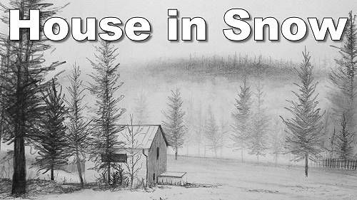 how to draw house snow pine trees